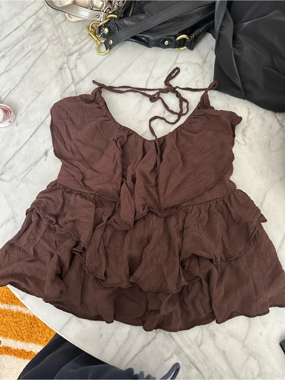 Japna Brown Ruffled Crinkle Tie-Strap Camisole